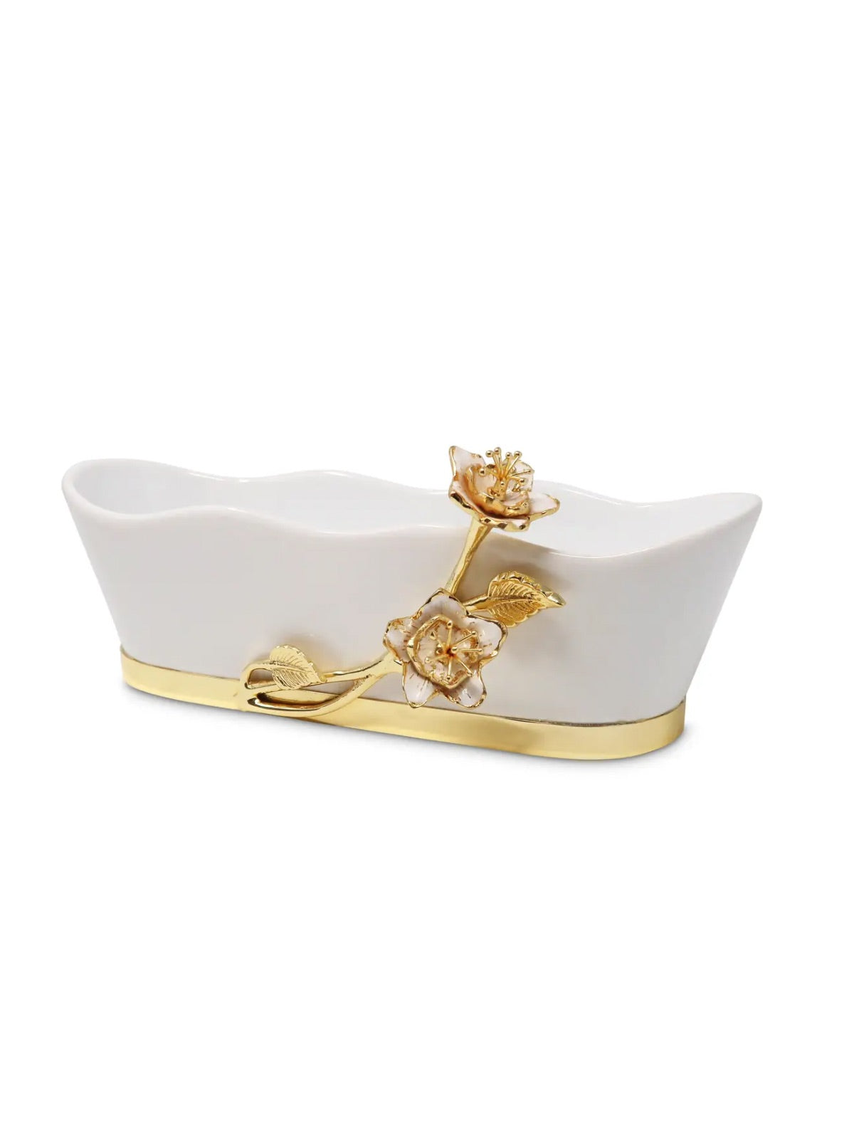 White Porcelain Rectangle Bowl with Stunning Gold Flower Detail, 11 inches. 