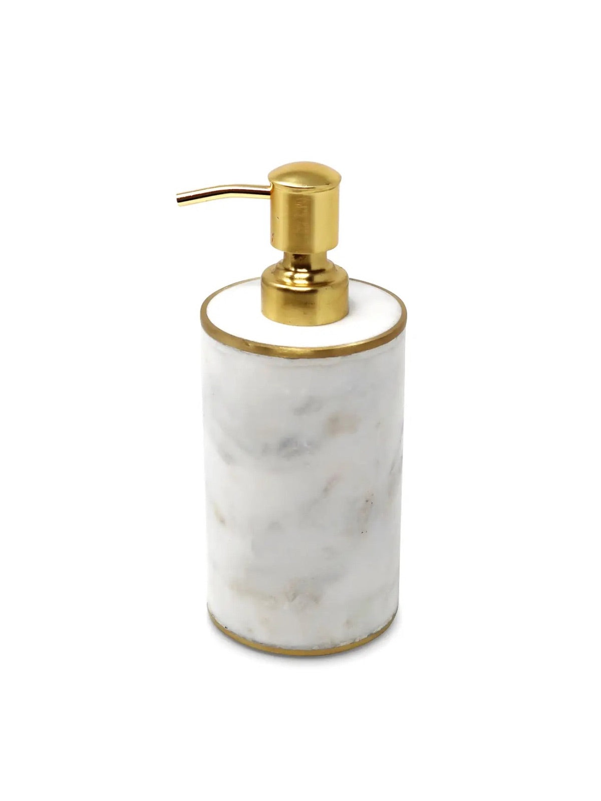 White marble dispenser with gold pump for soap or lotion.