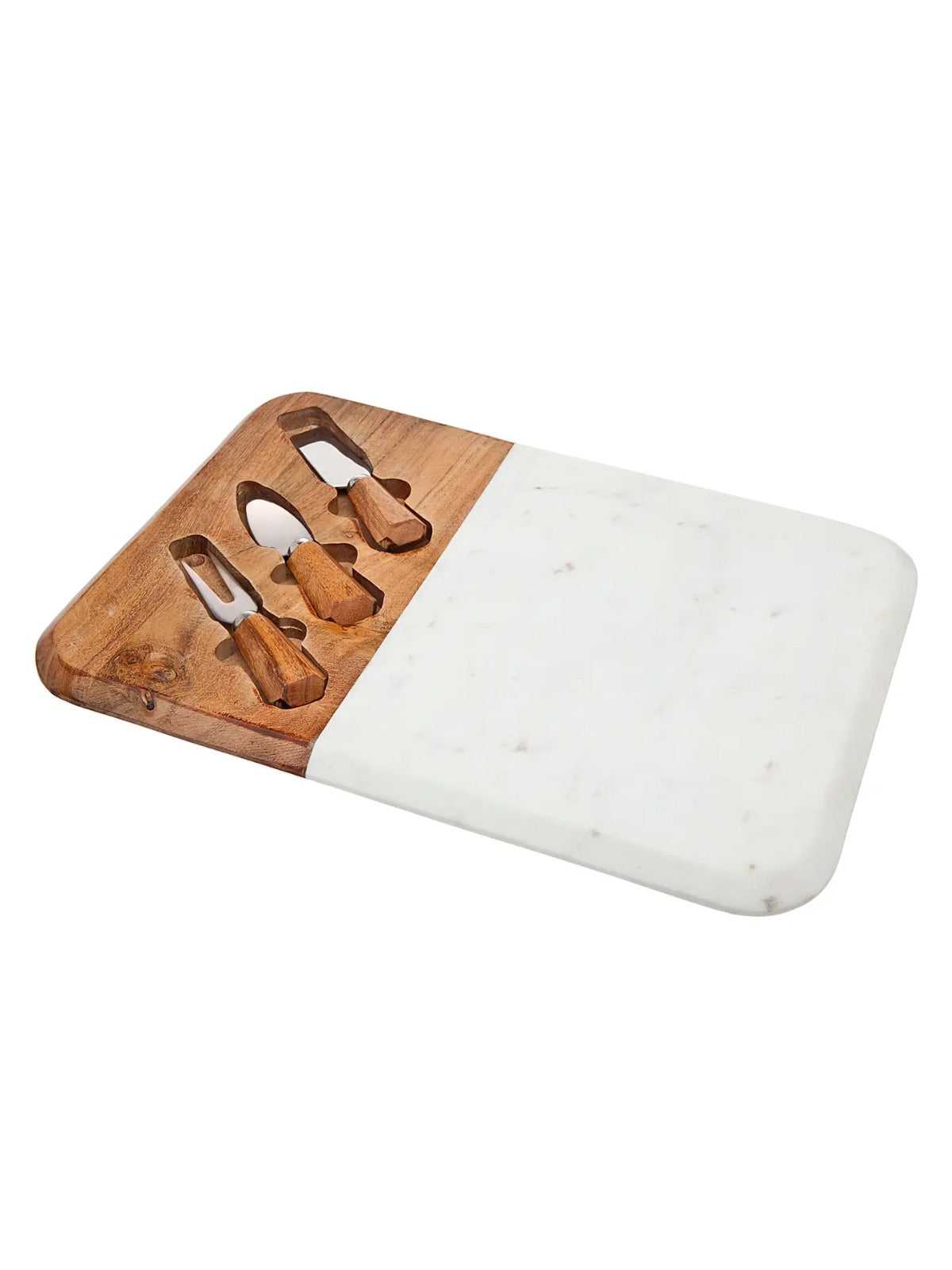 Wood and Marble Cheese Board Sophisticated Set with Cheese Spreaders. Handcrafted Premium wood and sleek marble blend functionality and elegance. Product dimensions 16L X 10W X 1.5H inches.