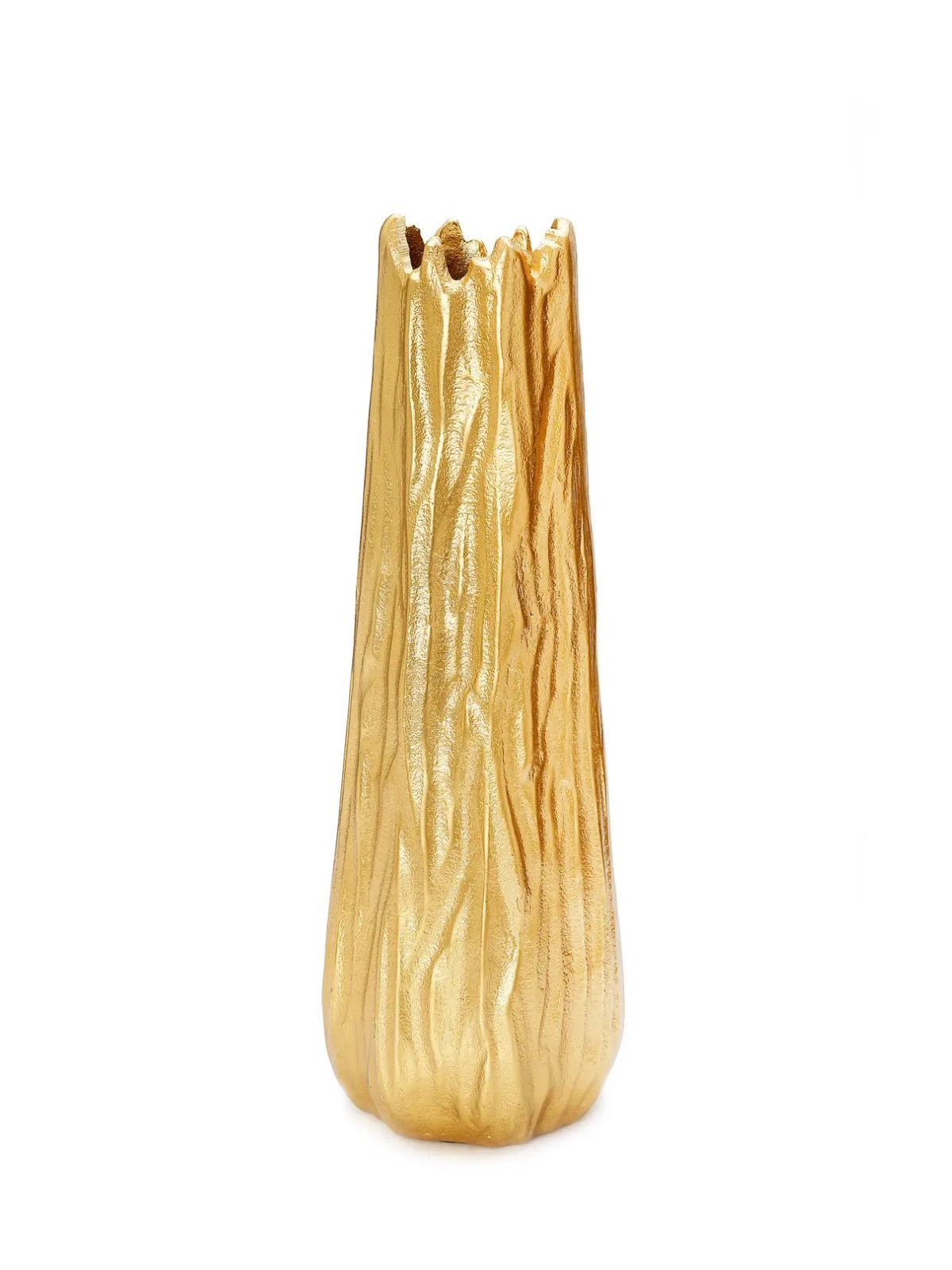 Gold vase with a sculpted branch design, elegantly displayed as a centerpiece on a tabletop.