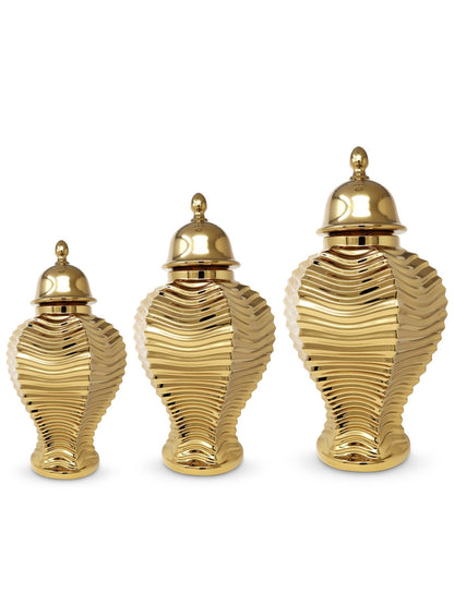 Gold Ceramic Ginger Jar with Ripple Design Available in 3 Sizes, Sold by KYA Home Decor.