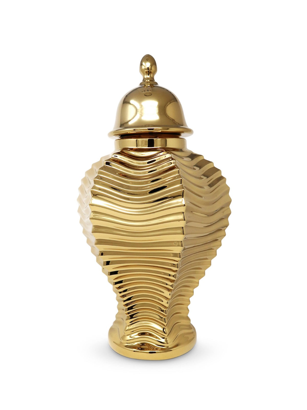 Gold Ceramic Ginger Jar with Ripple Design in Size Medium, Sold by KYA Home Decor.