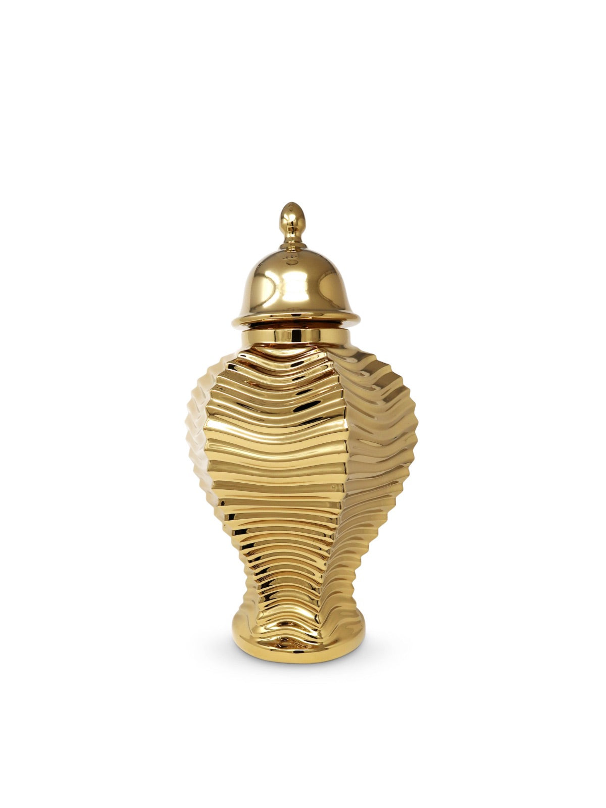Gold Ceramic Ginger Jar with Ripple Design in Size Small, Sold by KYA Home Decor.