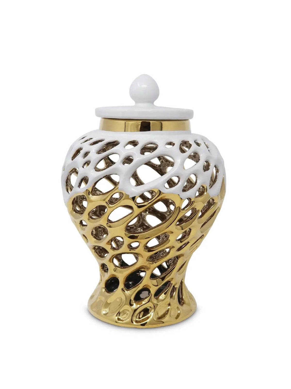 White and gold vase with cut-out design and lid, perfect for modern home decor and elegant flower arrangements.