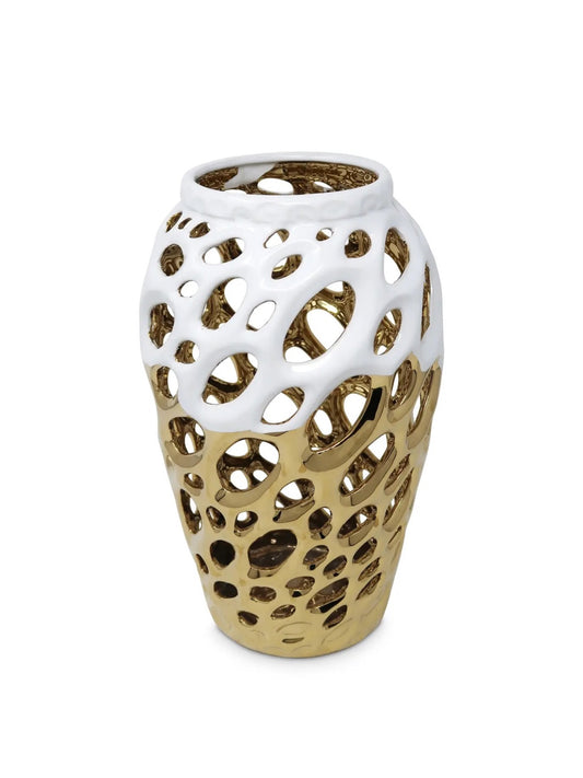 White and gold ceramic vase with modern cut-out design, perfect for contemporary home decor and elegant flower arrangements.