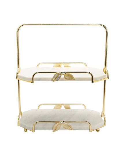 13L x 16H two-tiered tray stand with two marble trays on a gold-tone branch and leaf base. Sold by KYA Home Decor