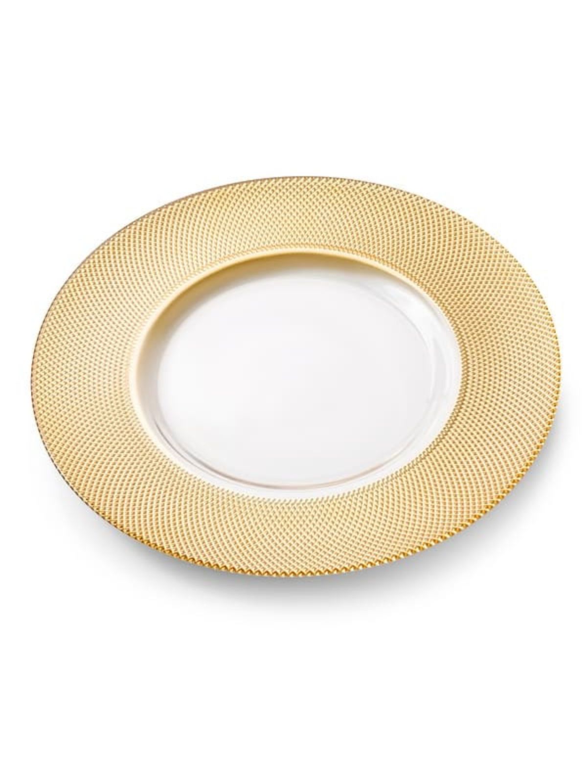 These 12D Glass Charger Plates are dotted with gold beads as a thick border to accentuate the white centered dish. Sold by KYA Home Decor