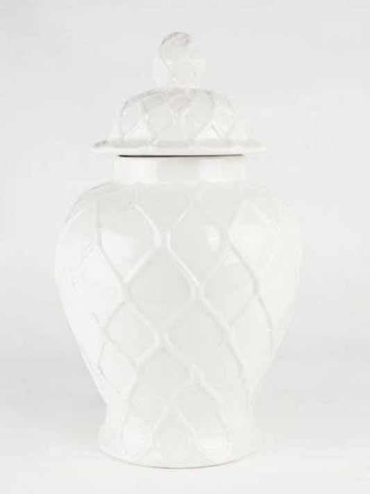 14.5H White ceramic ginger jar with roped diamond patterns and removable lid, 14.5 inches.
