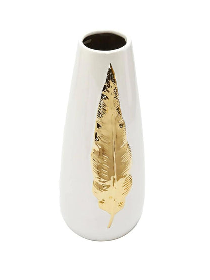 12H White Ceramic Decorative Vase with Gold Leaf Design - KYA Home Decor