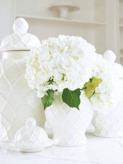 This stunning white glazed ceramic ginger jar features a beautiful roped diamond design throughout.