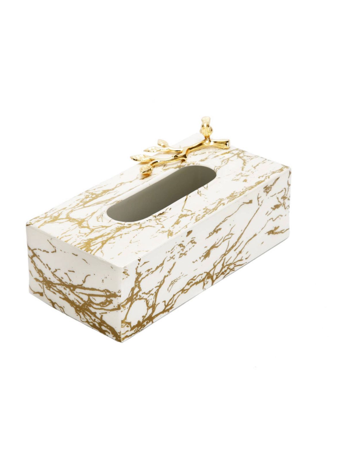 White and Gold Marble Designed Tissue Box with Gold Leaf and Bird Design.