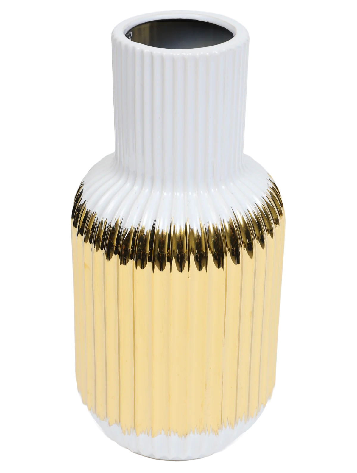 White Porcelain Vase with Gold Linear Striped Design, 13H.
