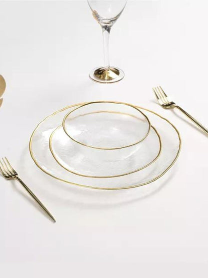 12 Piece Dinnerware Set were constructed out of fine Alabaster glass and decorated with a bold gold-tone trim. 