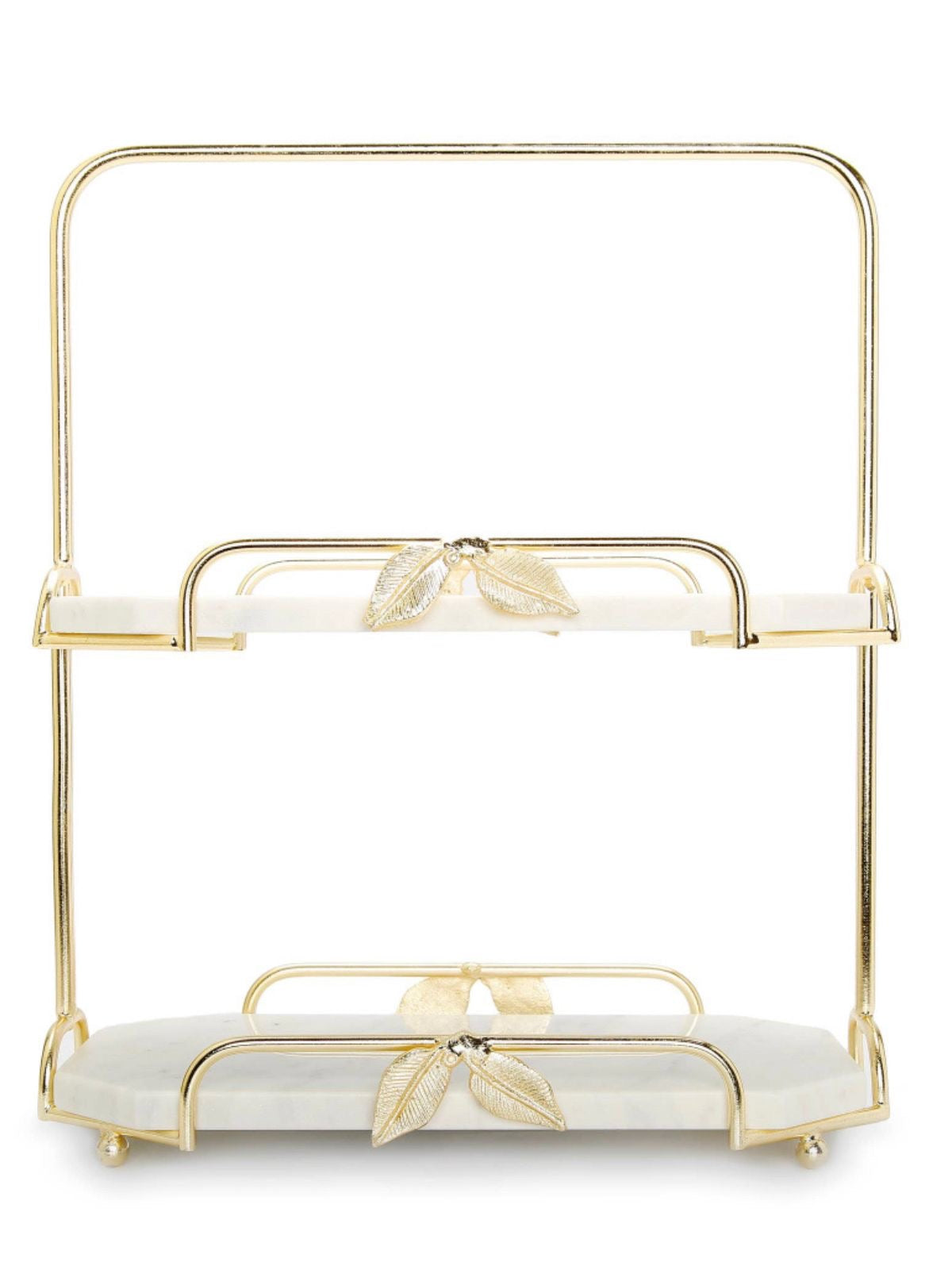 luxurious 2-tiered cake stand with marble trays on a gold leaf branch base.
