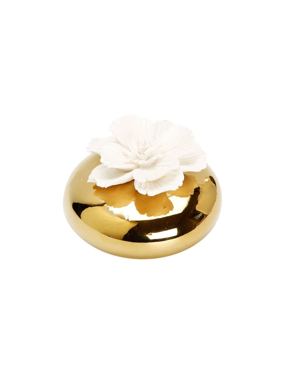Champagne gold porcelain oil diffuser with 3 white dimensional floral topper that diffuses Lily of the Valley Scent.