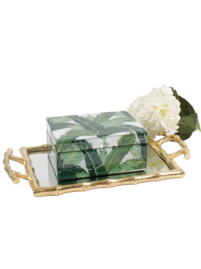 Gold Metal Bamboo Designed Vanity Tray with Mirrored Base Interior Measuring 17.25L x 9.75W x 2.25H.