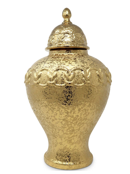 Gold Ceramic Ginger Jar with Stunning Gold Chain Details, Size Large.