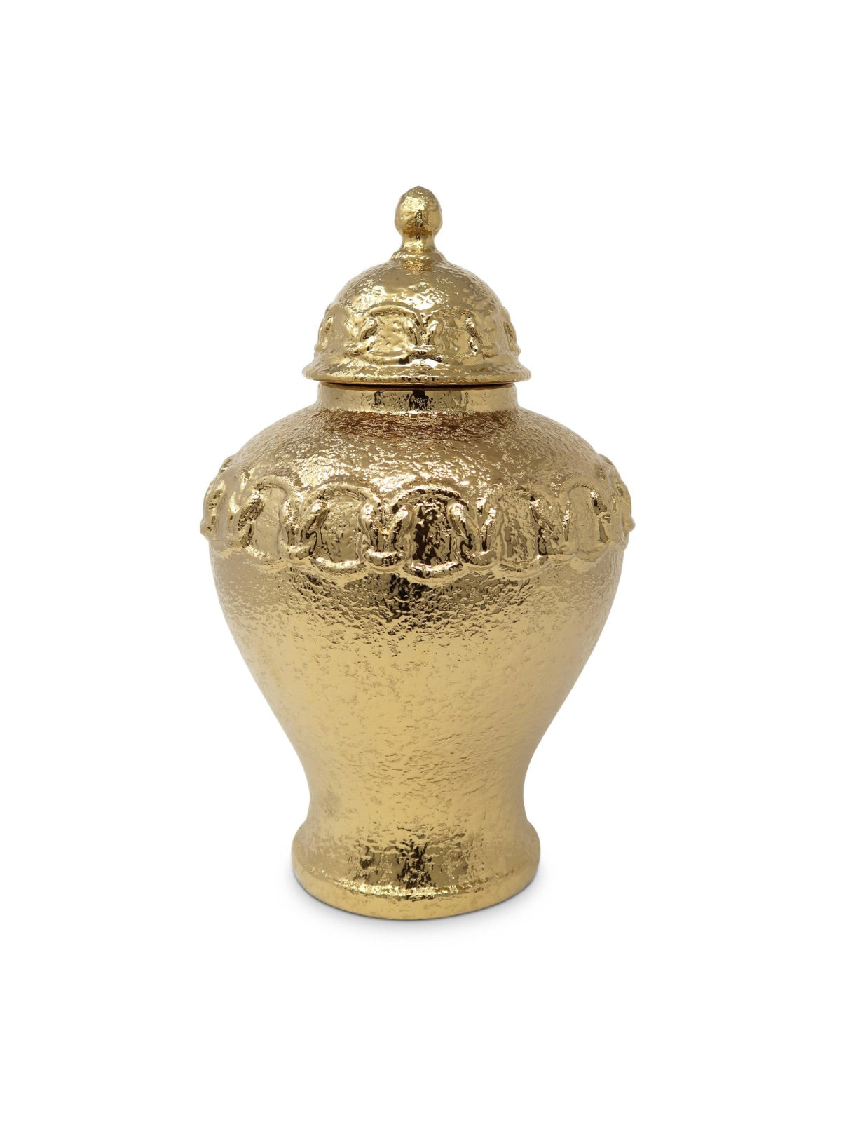 Gold Ceramic Ginger Jar with Stunning Gold Chain Details, Size Small.