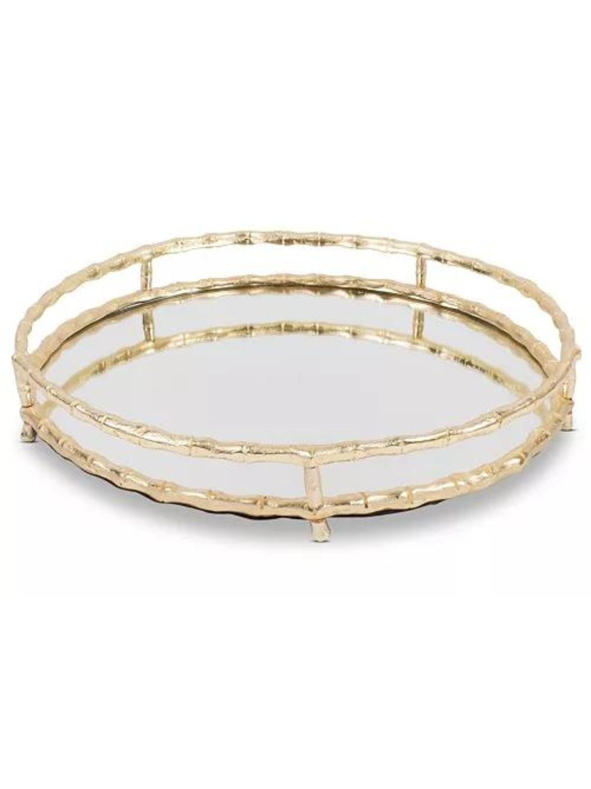 Gold Metal Bamboo Designed Round Mirror Tray, Measures 17.D.