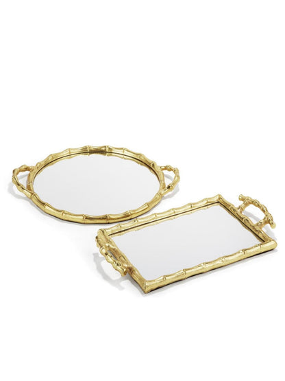 Gold Metal Bamboo Designed Decorative Trays with Mirrored Base, Available in 2 Styles.