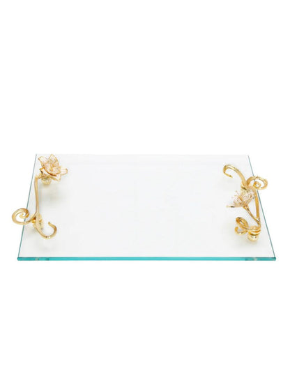 Rectangular Glass Tray with Gold and White Flower Designed Handles.
