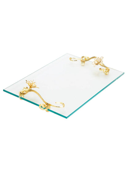 Rectangular Glass Tray with Gold and White Flower Designed Handles, 16L.