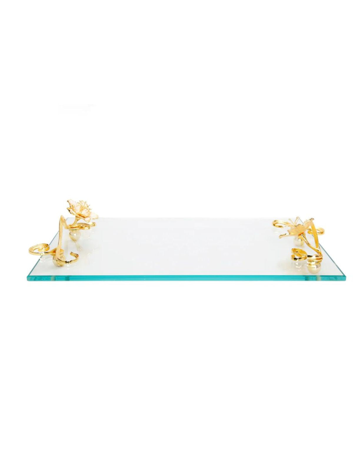 Rectangular Glass Tray with Gold and White Flower Designed Handles, sold by KYA Home Decor.