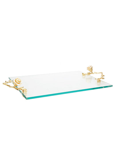 Rectangular Glass Tray with Gold and White Rose Flower Handles.