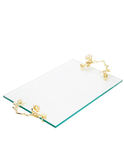 Rectangular Glass Tray with Gold and White Rose Flower Handles, 16L.