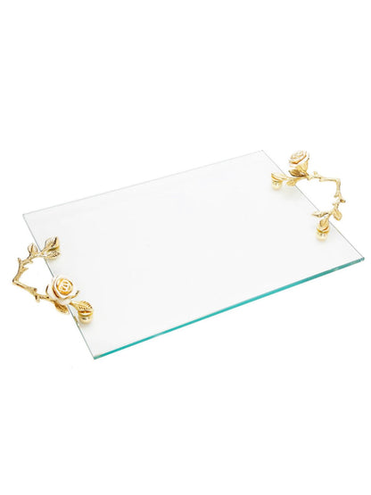 Rectangular Glass Tray with Gold and White Rose Flower Handles, sold by KYA Home Decor.