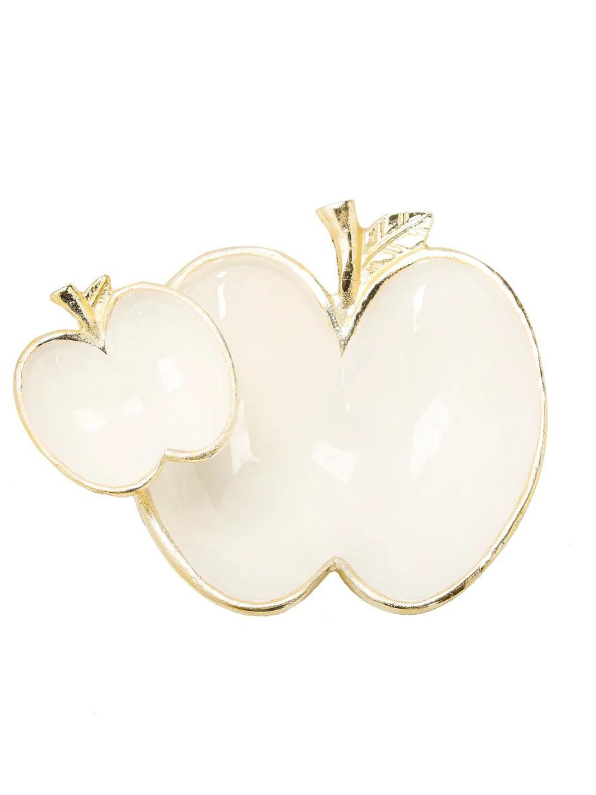 Two Apple Shaped Gold Dish with White Enamel Inner, Top View.