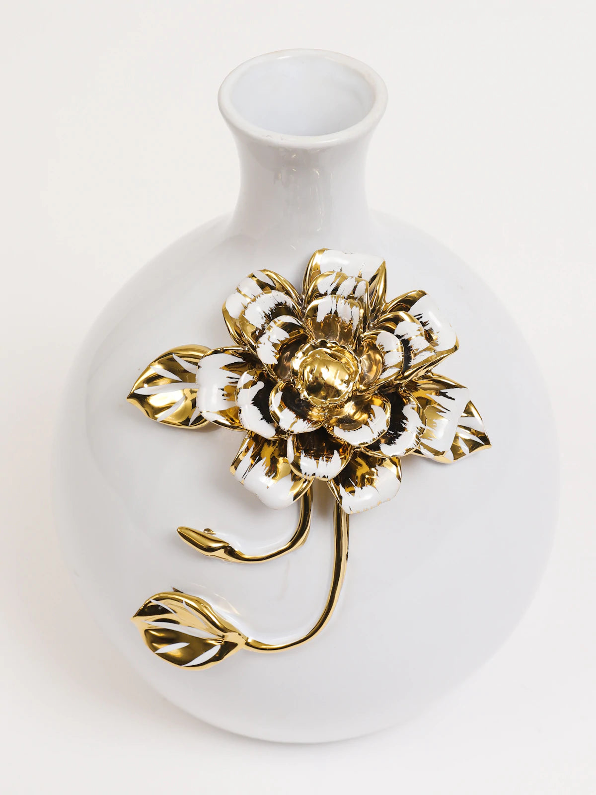 11H Luxury White Decorative Vase with Gold Flower Design - KYA Home Decor