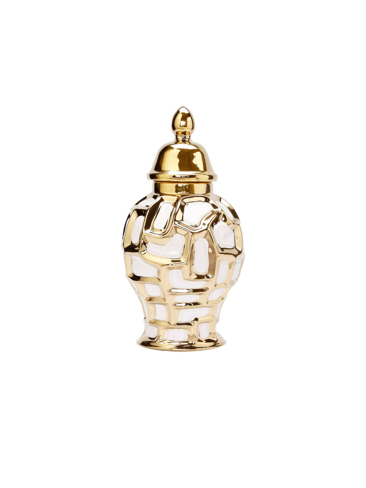 White Ceramic Ginger Jar with Geometrical Gold Details in Size Small