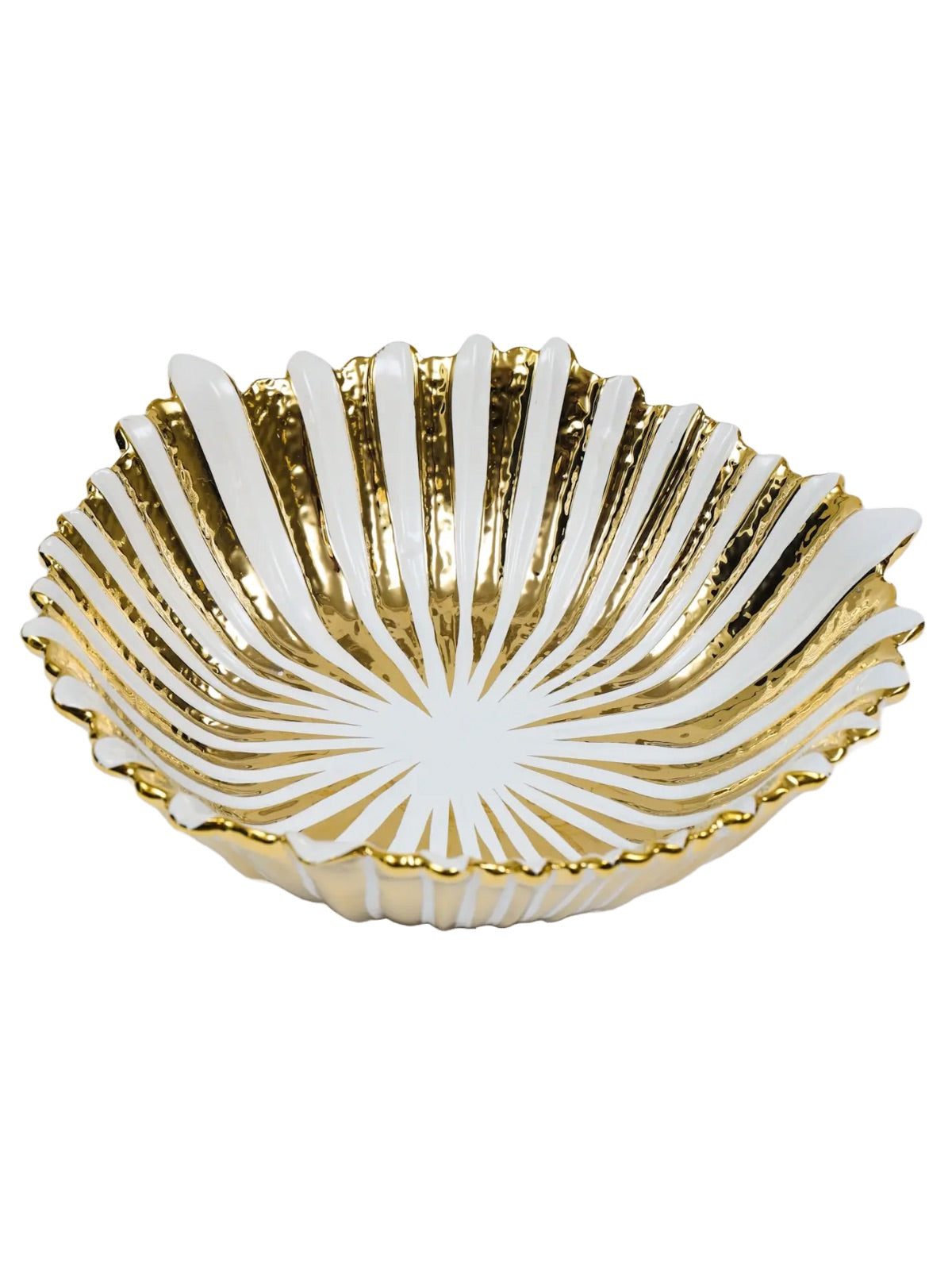 White and Gold Striped Flower Ceramic Shaped Salad Bowl, Measuring 4D x 3H.