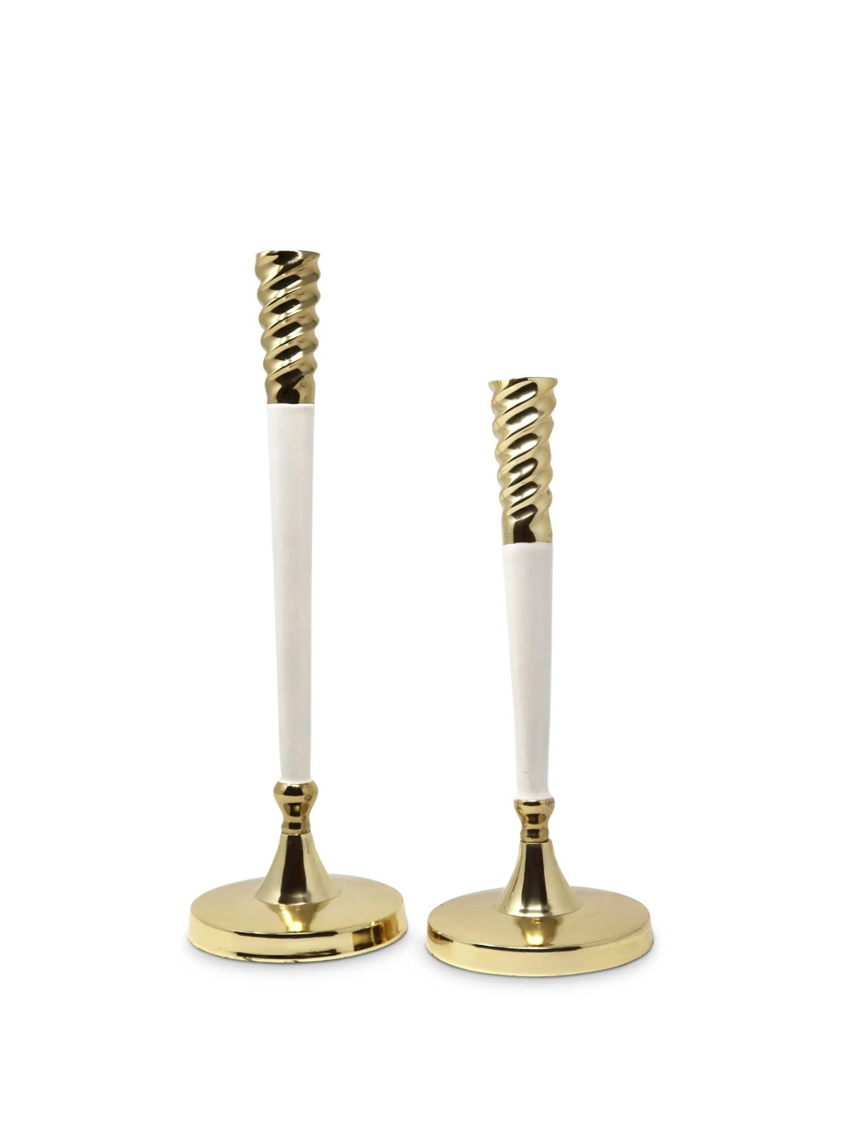 White and Twisted Gold Taper Stainless Steel Candle Holder, available in 2 Sizes.