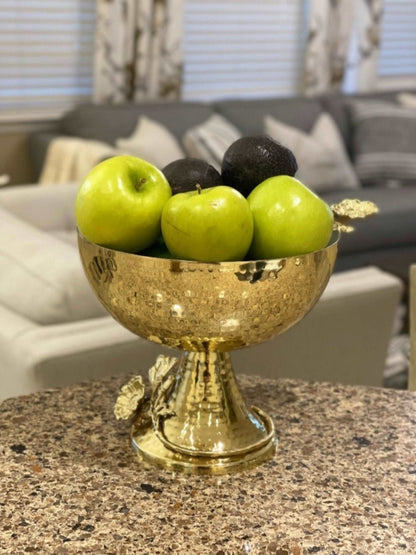 10D Gold Stainless Steel Footed Bowl with white enamel and floral detail decorated with apples
