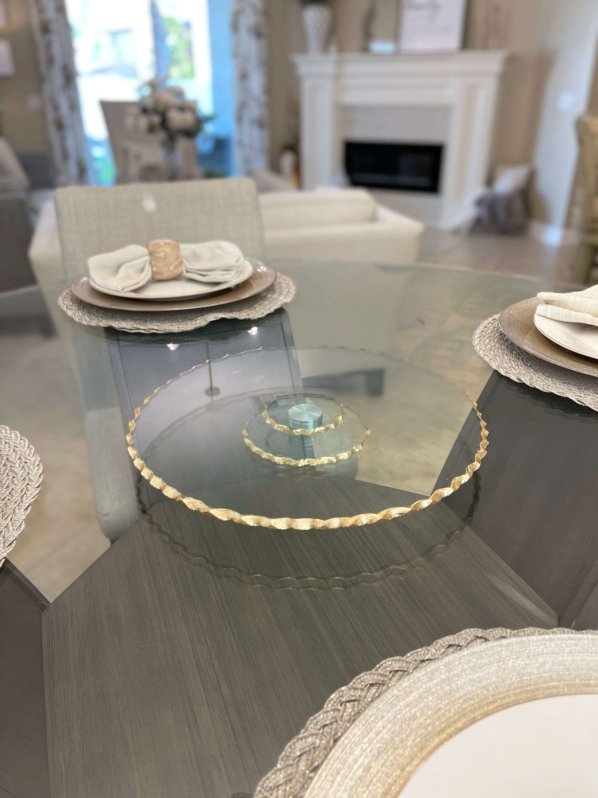 13.25D Lazy Susan Rotating Glass Cake Tray With Gold Edges displayed on table.