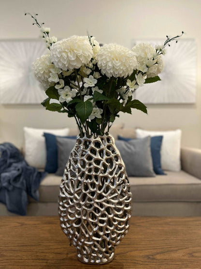 18 inch Shiny Nickel Coral Design Table Vase with Faux Flowers, Sold by KYA Home Decor.