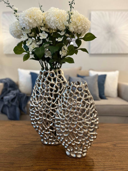 Shiny Nickel Coral Design Table Vases in Large and Medium, Sold by KYA Home Decor.