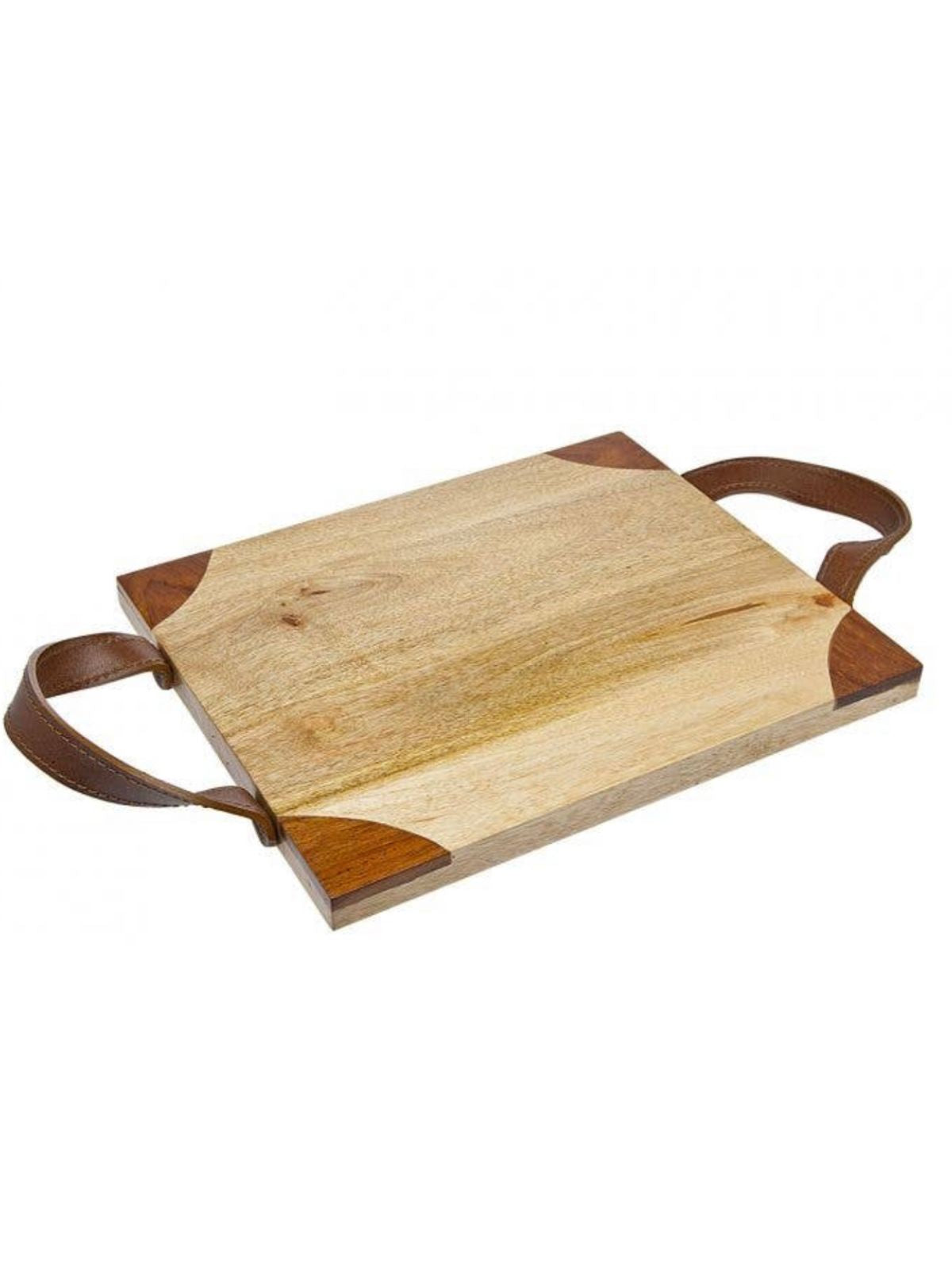 Wood Serving Tray with Leather Handles, 14D.