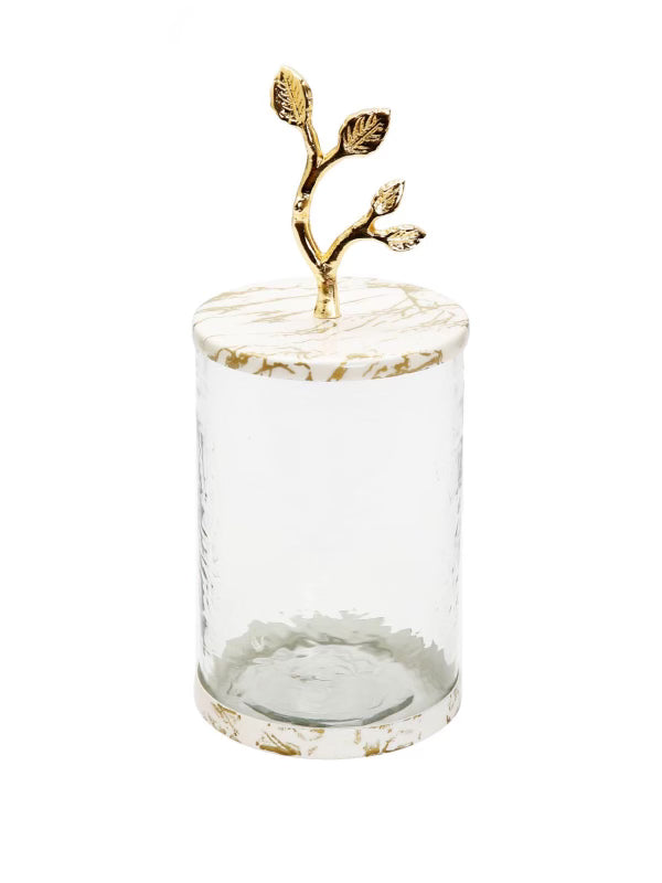 8.25H Luxury glass canisters with marble design and gold leaf details on lid - KYA Home Decor.