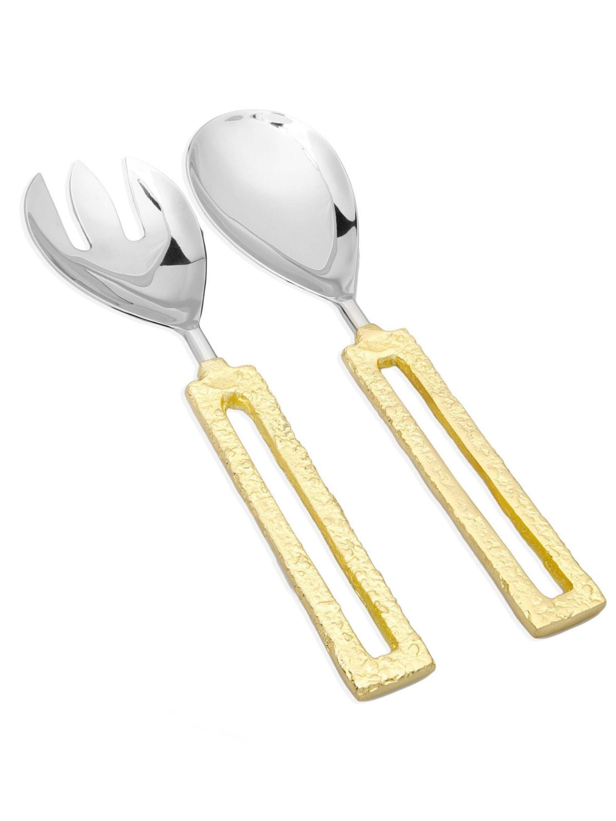 Add some texture to your serving decor with this elegant hand-crafted stainless steel salad server set featuring two-toned colors and a square loop handle that is adorned with a slight hammered design. Available at KYA Home Decor