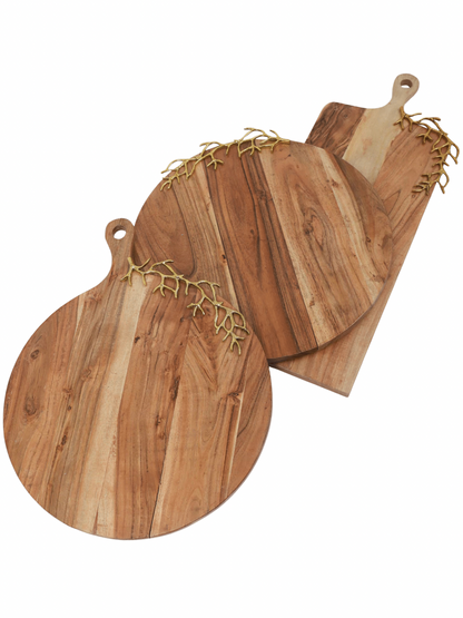 Rectangular Wood Charcuterie Board with Gold Coral Design and Handle, Available in 3 Designs.