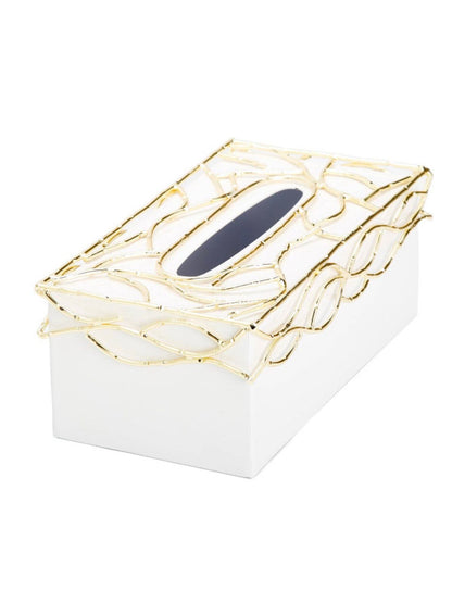 White Ceramic tissue box holder with gold mesh design on top, 10L x 5W. Sold by KYA Home Decor.