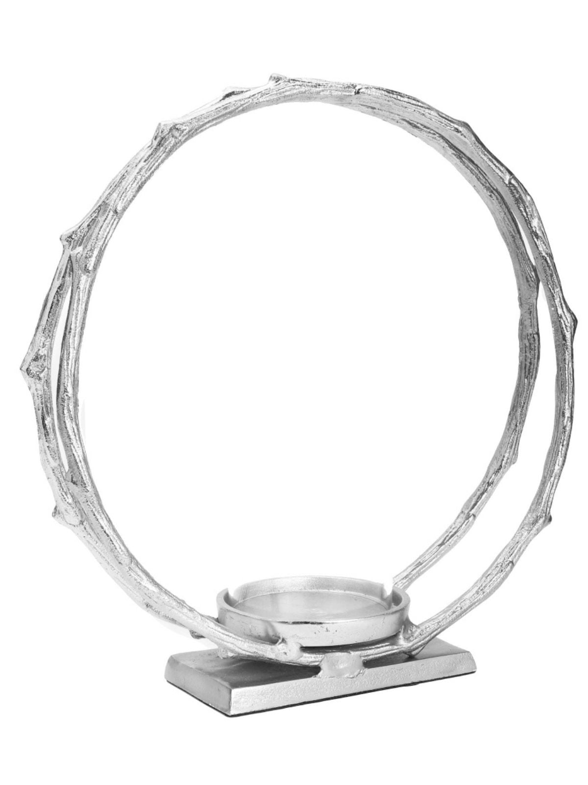 7.5 inch Round Circle Stainless Steel Hurricane Candle Holder with Double Hoop Design in Silver Color.