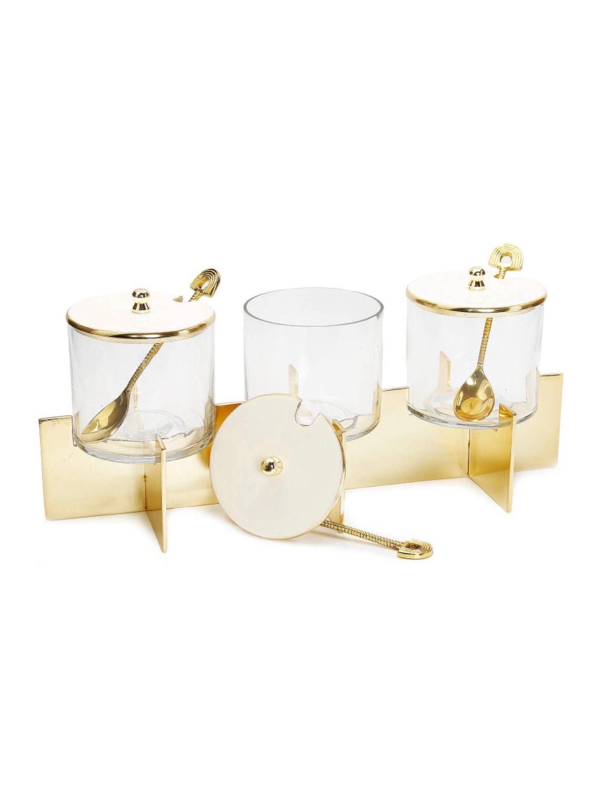 Glass Canister Set on Stainless Steel Gold Block Base with White Marble Lid and Spoons - KYA Home Decor.