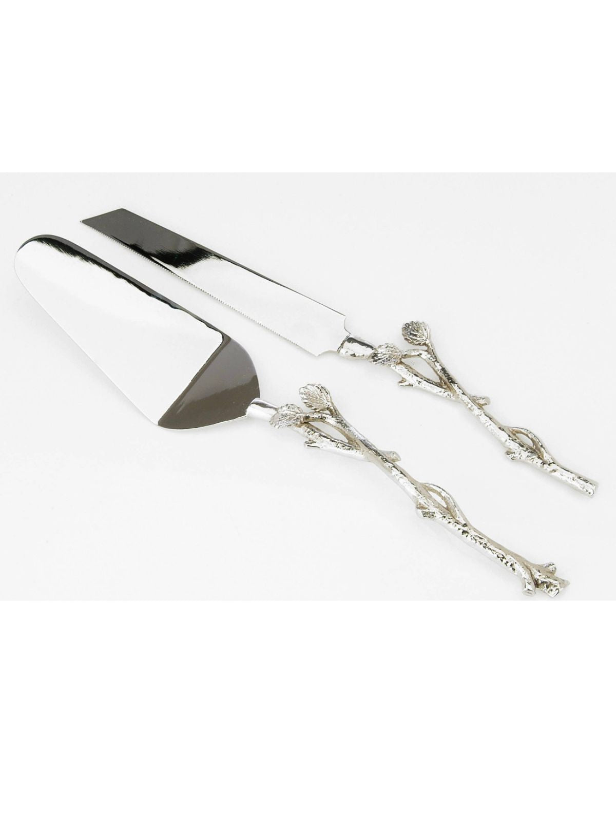 Cake Server and Knife Set With Silver Branch Leaf Designed Handles.