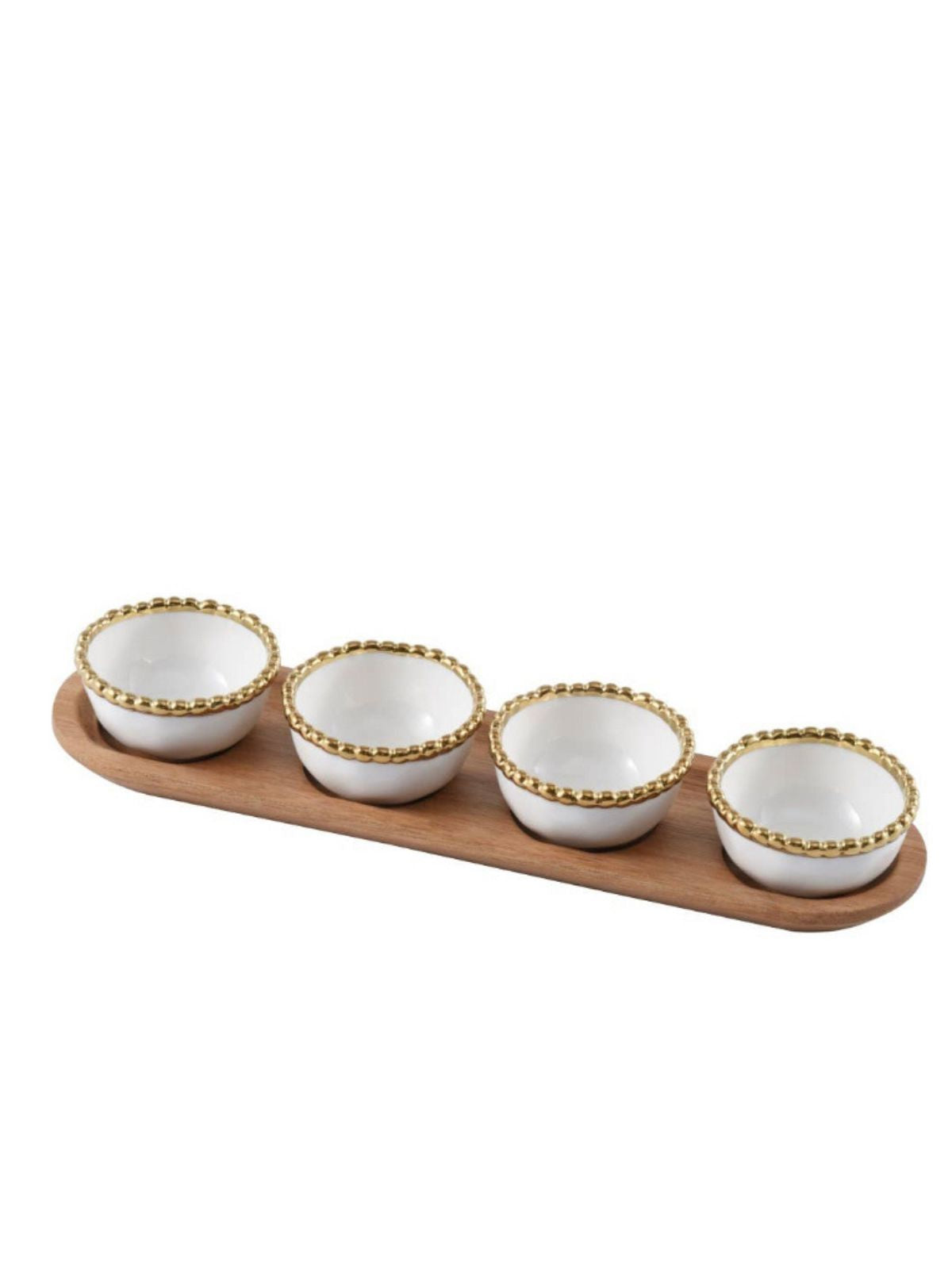 Four versatile round snack bowls presented on a handsome acacia wood tray. Striking and elegant golden titanium finished high-fired porcelain.