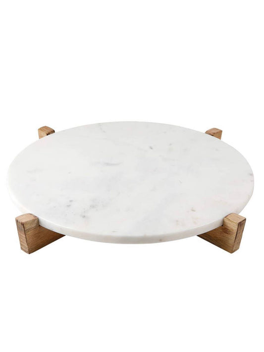 White Marble Serving Tray on Mango Wood Pedestal, 14D.