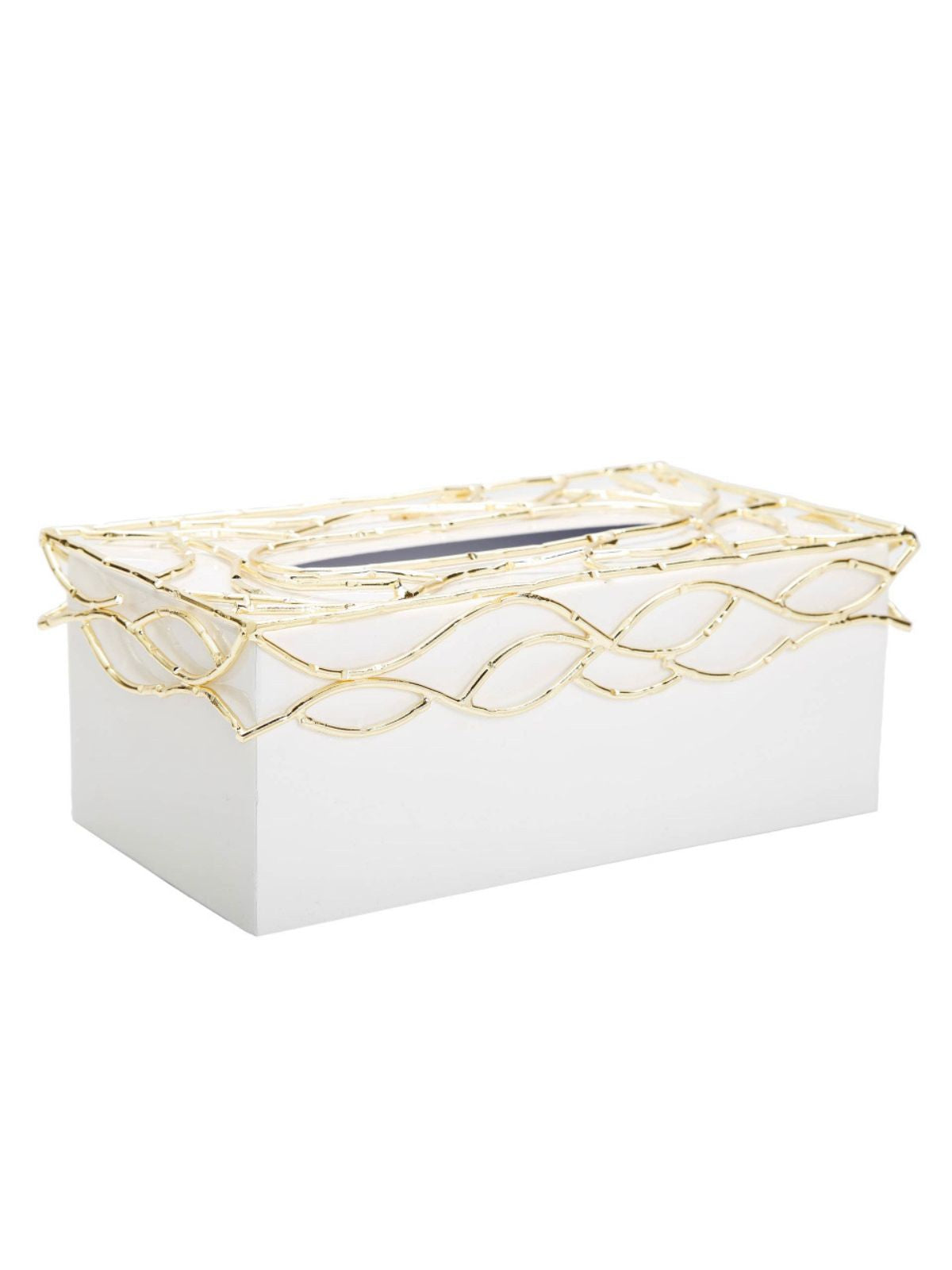 White Ceramic tissue box holder with gold mesh design on top, 10L x 5W. 